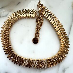 Gold Bold Costume Necklace with Rhinestone Accents
